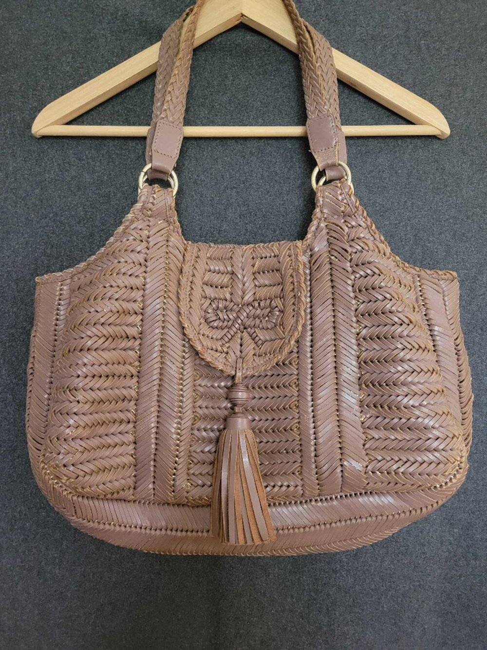 Anya Hindmarch Hand Woven Leather Brown Tan Shoulder Bag Braided Large Tote